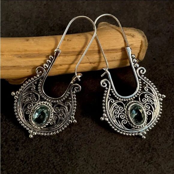 Blue Zircon Sterling Silver Boho Ethnic Earrings - Picture 7 of 7